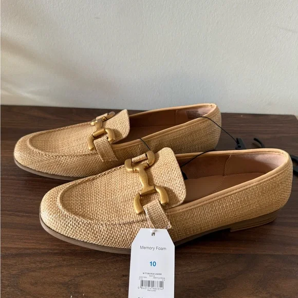 NWT Time and Tru Women's Faux Raffia Slip On Gold Buckle Loafers Flats Size 10 - Picture 2 of 7
